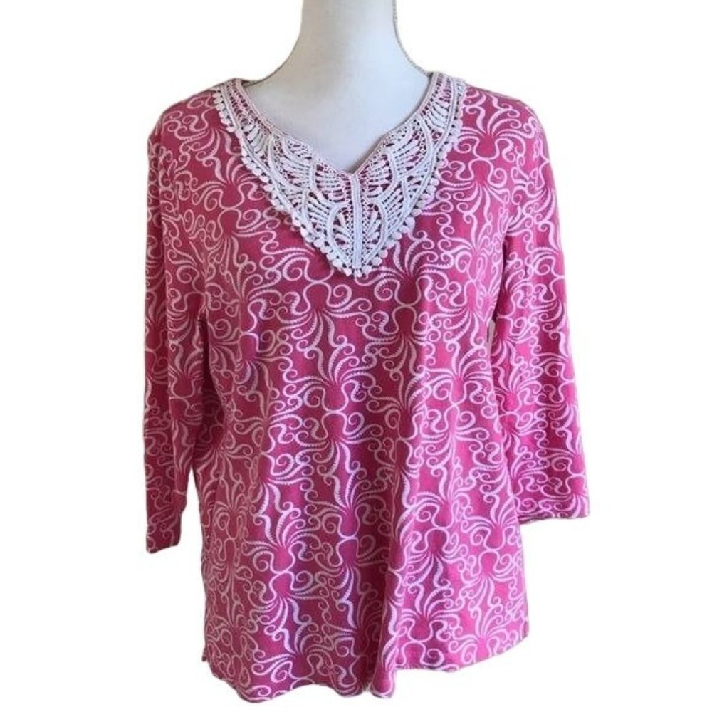 Alfred Dunner Pink & White Octopus Print 3/4 Sleeve Top/Shirt Size M